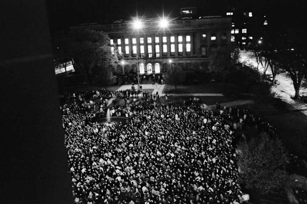 On the evening of the Dow protest, thousands of students regrouped on Library Mall and decided to boycott classes the next day to show their disgust at what they considered police brutality. The prominent building in the background houses the Wisconsin Historical Society.